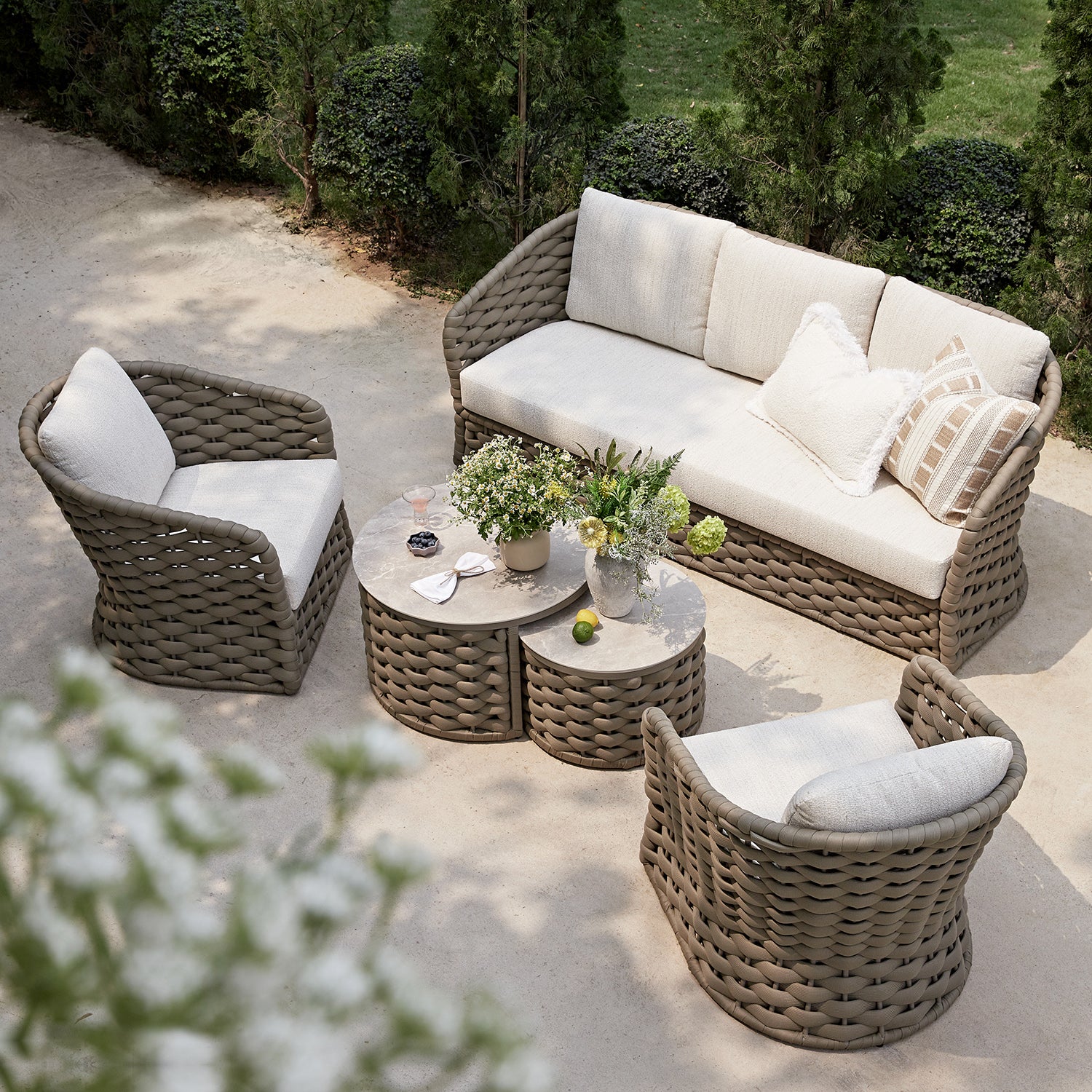 Positano Wide Rope Sofa Set with Nesting Coffee Tables, Taupe